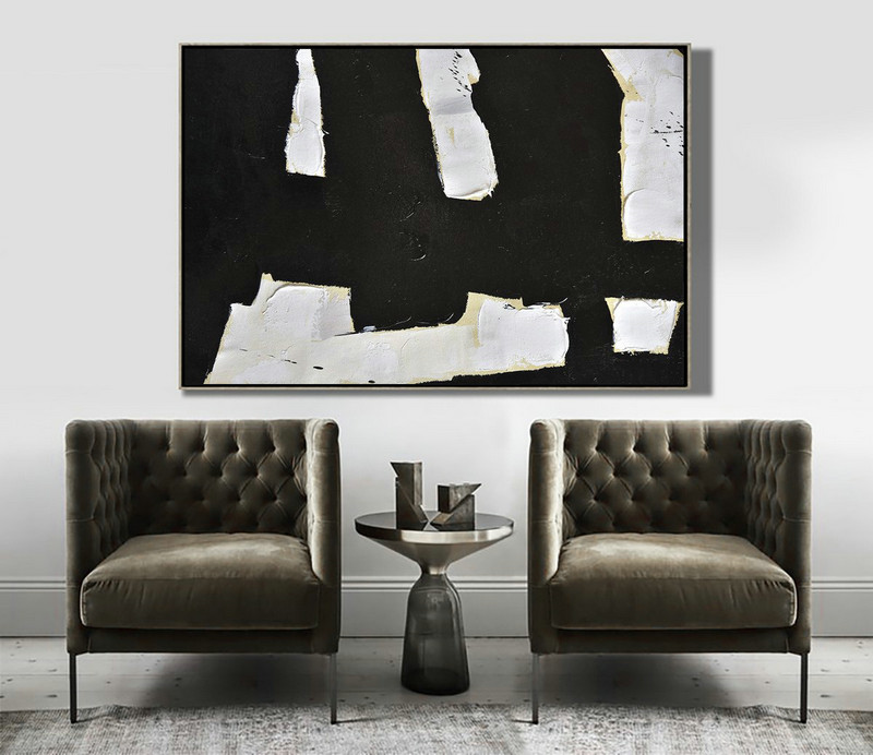 Hand-Painted Canvas Art,Horizontal Palette Knife Minimal Canvas Art Painting Black White Beige - Acrylic Painting Canvas Art